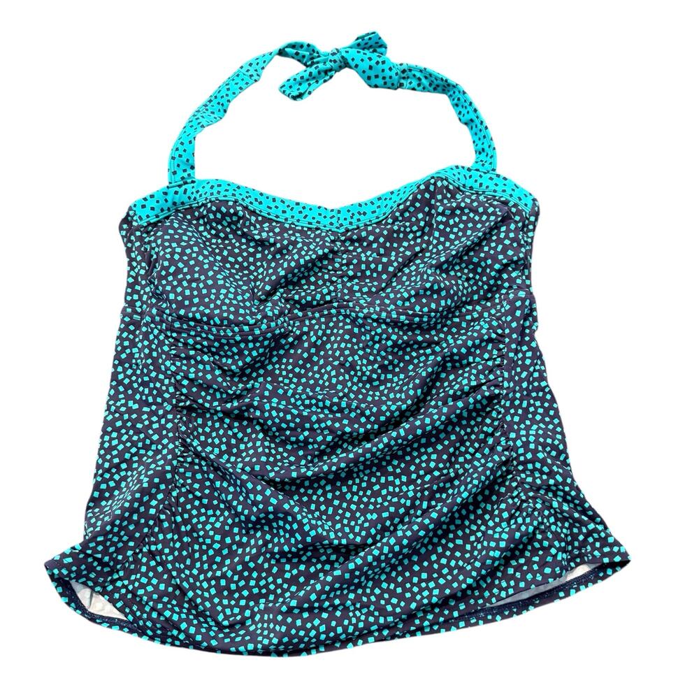24th & Ocean tankini top, navy blue and teal abstract dot, rouched, Size 16W